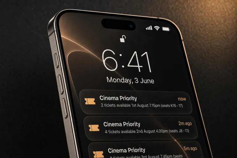 iPhone lock screen with three Cinema Priority ticket alerts, the third cut off at the bottom of the frame